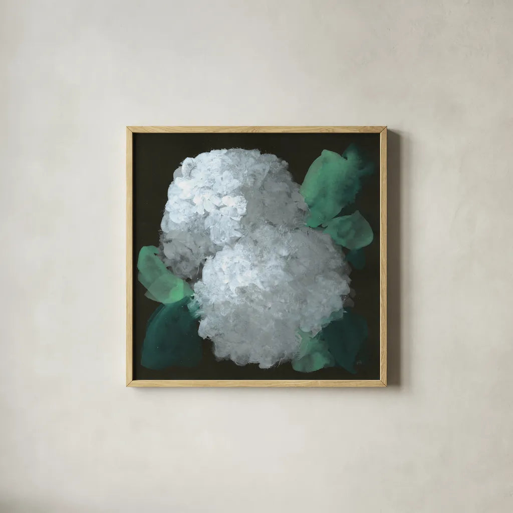 Hydrangea II by Chris Paschke. Shown in a natural wood glass frame for a timeless modern aesthetic. Available as an archival giclee rolled canvas, fine art paper, or poster print. SKU 80804a.