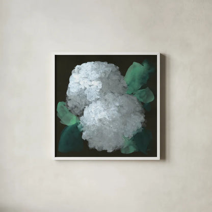 Hydrangea II by Chris Paschke. Shown in a crisp white glass frame for a clean and minimalist style. Available as an archival giclee rolled canvas, fine art paper, or poster print. SKU 80804a.