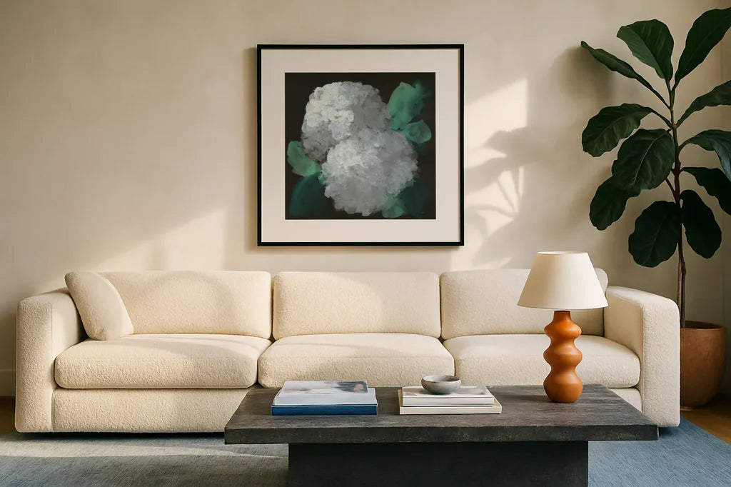 Hydrangea II by Chris Paschke. Displayed in a glass frame with matte in a clean modern living room. Available as an archival giclee rolled canvas, fine art paper, or poster print. SKU 80804a.