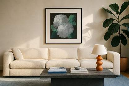Hydrangea II by Chris Paschke. Displayed in a glass frame with matte in a clean modern living room. Available as an archival giclee rolled canvas, fine art paper, or poster print. SKU 80804a.