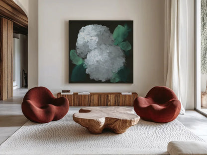 Hydrangea II by Chris Paschke. Shown as extra-large giant wall art in a modern living room. Available as an archival giclee rolled canvas, fine art paper, or poster print. SKU 80804a.
