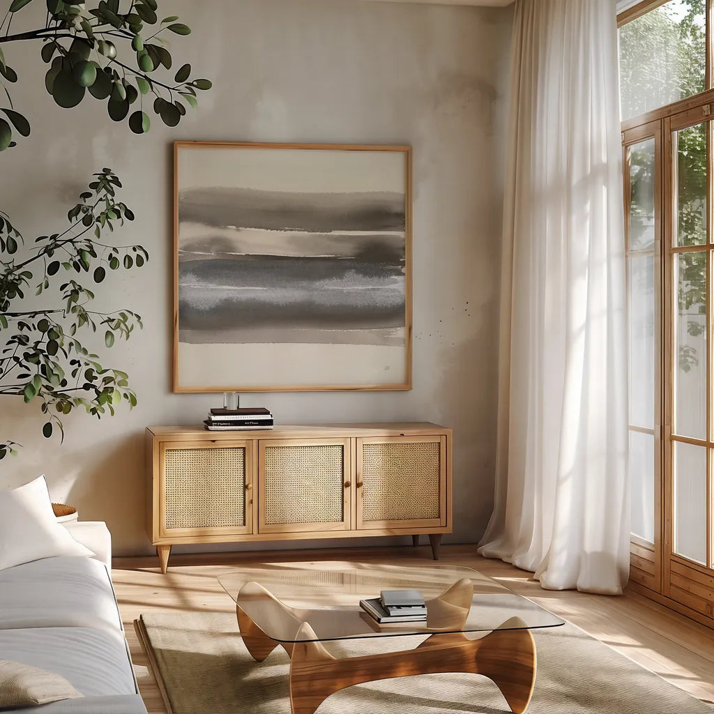 Impact I by Chris Paschke. Shown in a natural wood frame in a cozy modern living room. Available as an archival giclee rolled canvas, fine art paper, or poster print. SKU 86245a.