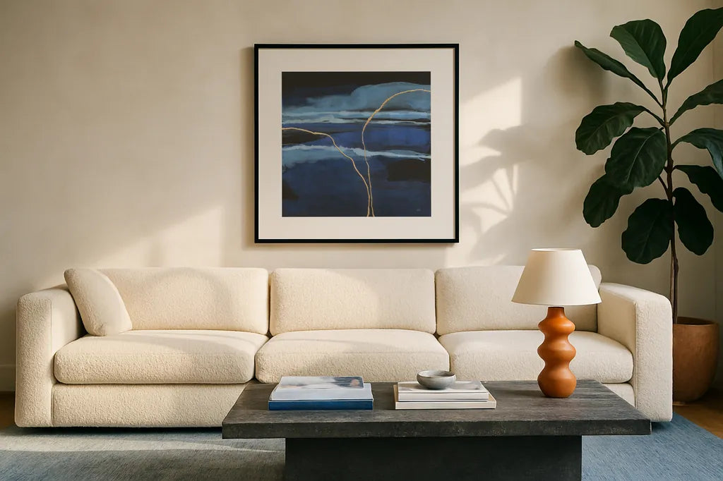 Improv II by Chris Paschke. Displayed in a glass frame with matte in a clean modern living room. Available as an archival giclee rolled canvas, fine art paper, or poster print. SKU 86238a.