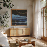 Improv III by Chris Paschke. Shown in a natural wood frame in a cozy modern living room. Available as an archival giclee rolled canvas, fine art paper, or poster print. SKU 86239a.