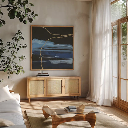 Improv III by Chris Paschke. Shown in a natural wood frame in a cozy modern living room. Available as an archival giclee rolled canvas, fine art paper, or poster print. SKU 86239a.