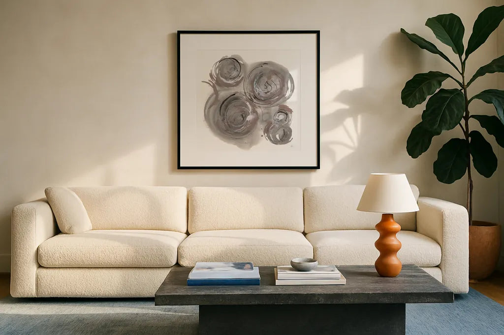In the Circle I by Chris Paschke. Displayed in a glass frame with matte in a clean modern living room. Available as an archival giclee rolled canvas, fine art paper, or poster print. SKU 70669a.