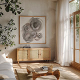 In the Circle II by Chris Paschke. Shown in a natural wood frame in a cozy modern living room. Available as an archival giclee rolled canvas, fine art paper, or poster print. SKU 70670a.