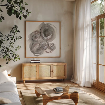 In the Circle II by Chris Paschke. Shown in a natural wood frame in a cozy modern living room. Available as an archival giclee rolled canvas, fine art paper, or poster print. SKU 70670a.