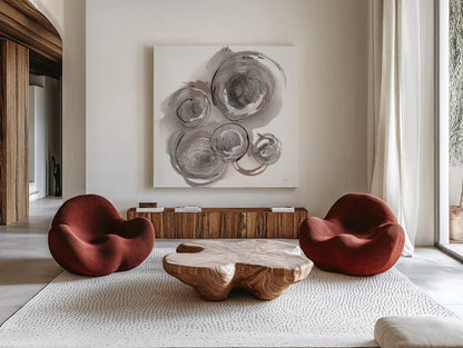 In the Circle II by Chris Paschke. Shown as extra-large giant wall art in a modern living room. Available as an archival giclee rolled canvas, fine art paper, or poster print. SKU 70670a.