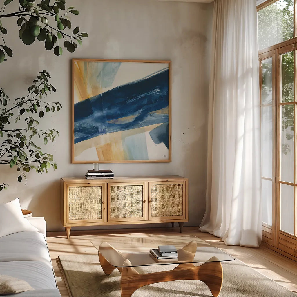 Indigo I by Chris Paschke. Shown in a natural wood frame in a cozy modern living room. Available as an archival giclee rolled canvas, fine art paper, or poster print. SKU 15133a.