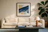 Indigo I by Chris Paschke. Displayed in a glass frame with matte in a clean modern living room. Available as an archival giclee rolled canvas, fine art paper, or poster print. SKU 15133a.