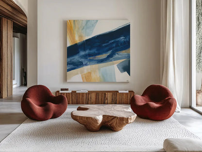 Indigo I by Chris Paschke. Shown as extra-large giant wall art in a modern living room. Available as an archival giclee rolled canvas, fine art paper, or poster print. SKU 15133a.