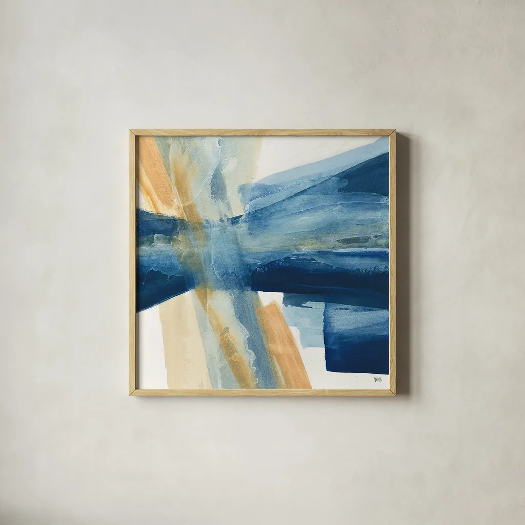 Indigo II by Chris Paschke. Shown in a natural wood glass frame for a timeless modern aesthetic. Available as an archival giclee rolled canvas, fine art paper, or poster print. SKU 15134a.