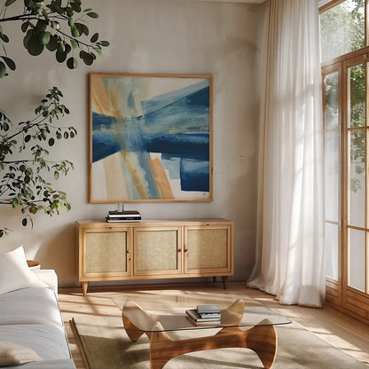 Indigo II by Chris Paschke. Shown in a natural wood frame in a cozy modern living room. Available as an archival giclee rolled canvas, fine art paper, or poster print. SKU 15134a.