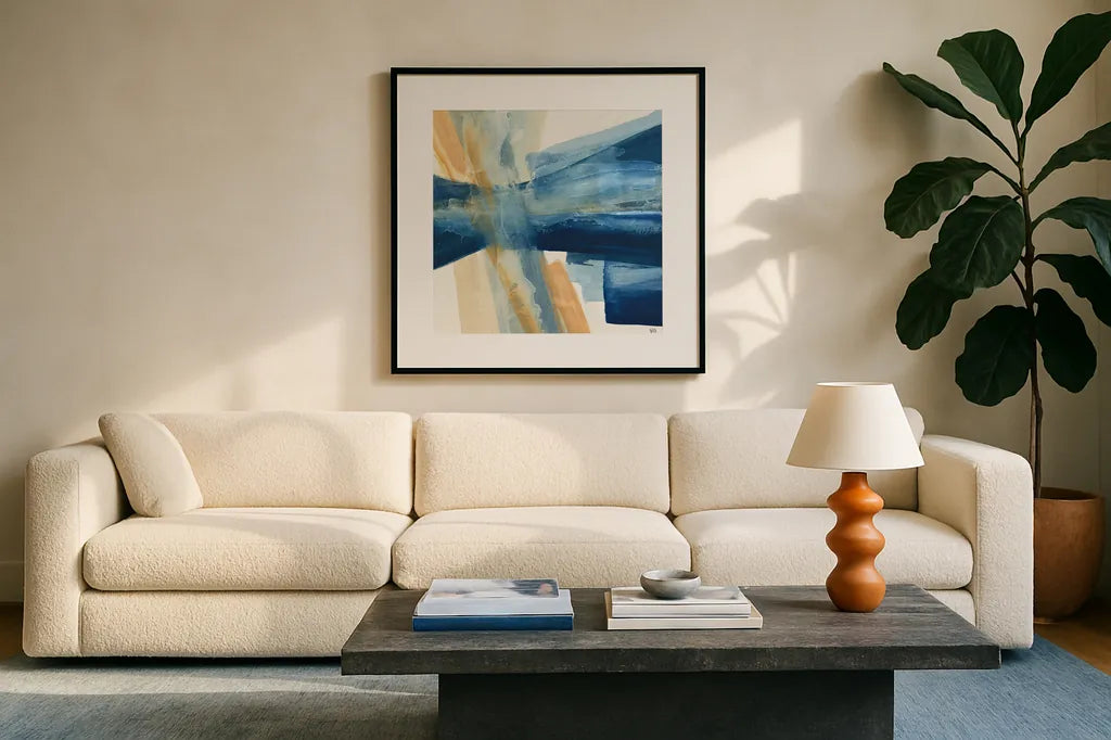 Indigo II by Chris Paschke. Displayed in a glass frame with matte in a clean modern living room. Available as an archival giclee rolled canvas, fine art paper, or poster print. SKU 15134a.