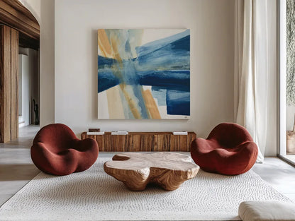 Indigo II by Chris Paschke. Shown as extra-large giant wall art in a modern living room. Available as an archival giclee rolled canvas, fine art paper, or poster print. SKU 15134a.