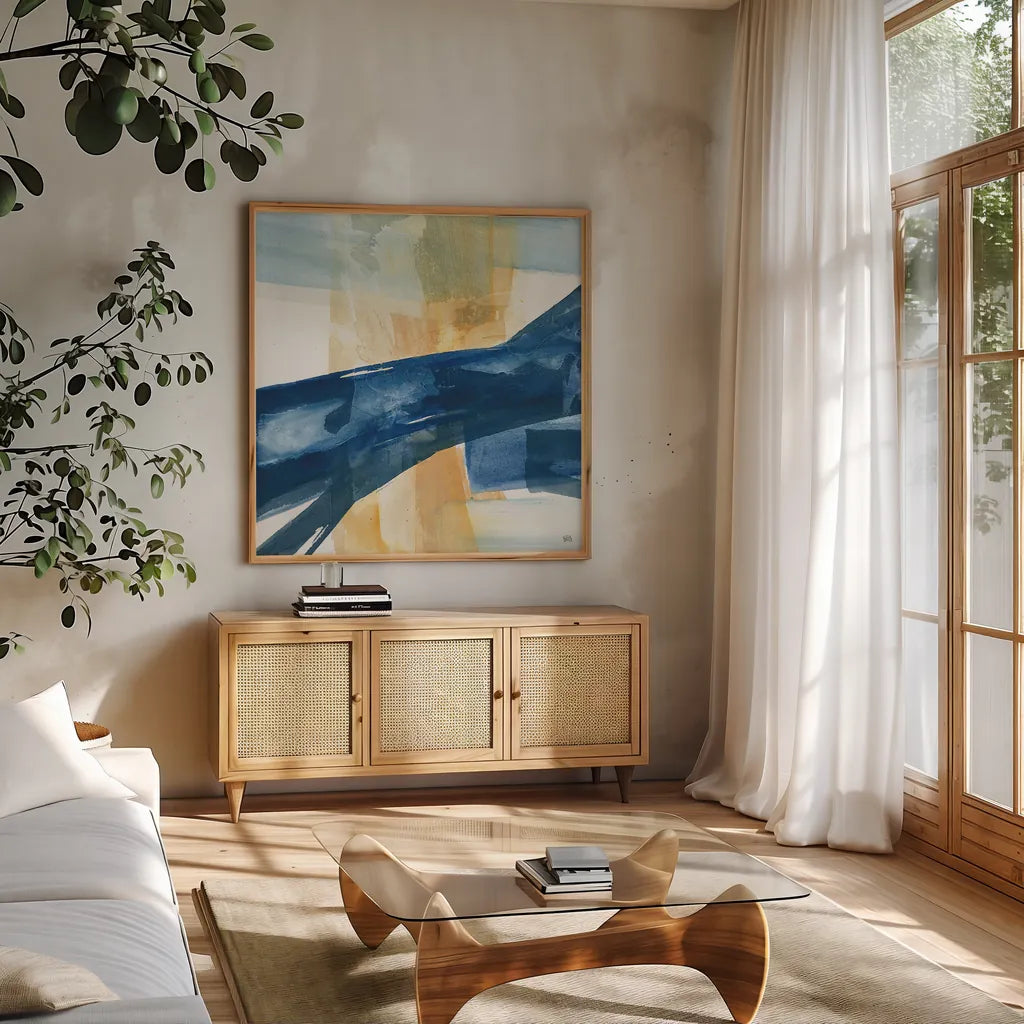 Indigo III by Chris Paschke. Shown in a natural wood frame in a cozy modern living room. Available as an archival giclee rolled canvas, fine art paper, or poster print. SKU 15135a.