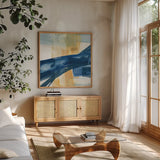 Indigo III by Chris Paschke. Shown in a natural wood frame in a cozy modern living room. Available as an archival giclee rolled canvas, fine art paper, or poster print. SKU 15135a.
