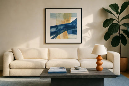 Indigo III by Chris Paschke. Displayed in a glass frame with matte in a clean modern living room. Available as an archival giclee rolled canvas, fine art paper, or poster print. SKU 15135a.