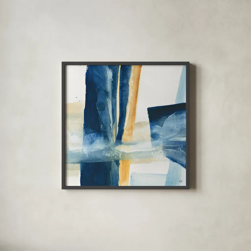 Indigo IV by Chris Paschke. Shown in a sleek black glass frame for a contemporary gallery look. Available as an archival giclee rolled canvas, fine art paper, or poster print. SKU 15136a.