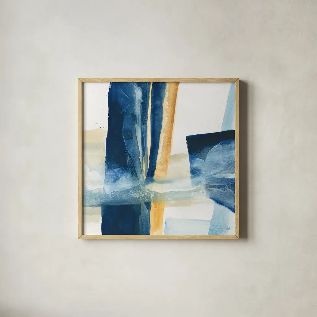 Indigo IV by Chris Paschke. Shown in a natural wood glass frame for a timeless modern aesthetic. Available as an archival giclee rolled canvas, fine art paper, or poster print. SKU 15136a.