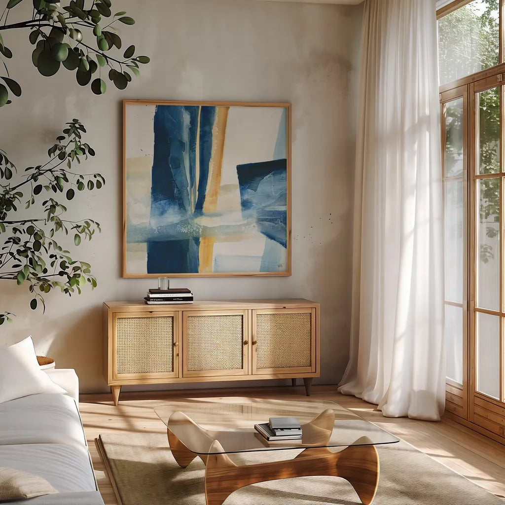 Indigo IV by Chris Paschke. Shown in a natural wood frame in a cozy modern living room. Available as an archival giclee rolled canvas, fine art paper, or poster print. SKU 15136a.