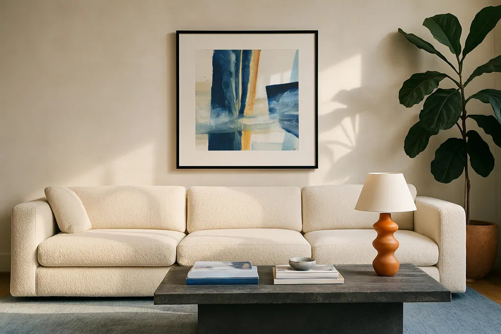 Indigo IV by Chris Paschke. Displayed in a glass frame with matte in a clean modern living room. Available as an archival giclee rolled canvas, fine art paper, or poster print. SKU 15136a.