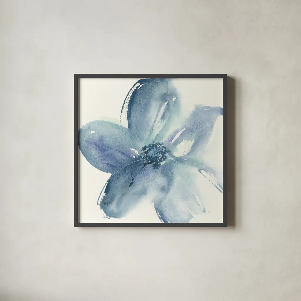 Indigo Mint I by Chris Paschke. Shown in a sleek black glass frame for a contemporary gallery look. Available as an archival giclee rolled canvas, fine art paper, or poster print. SKU 33998a.