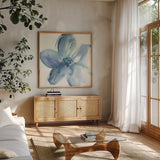 Indigo Mint I by Chris Paschke. Shown in a natural wood frame in a cozy modern living room. Available as an archival giclee rolled canvas, fine art paper, or poster print. SKU 33998a.
