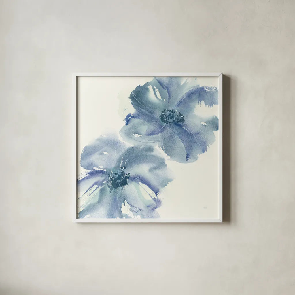Indigo Mint II by Chris Paschke. Shown in a crisp white glass frame for a clean and minimalist style. Available as an archival giclee rolled canvas, fine art paper, or poster print. SKU 33999a.