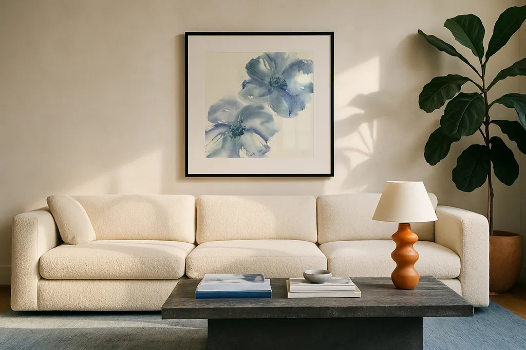 Indigo Mint II by Chris Paschke. Displayed in a glass frame with matte in a clean modern living room. Available as an archival giclee rolled canvas, fine art paper, or poster print. SKU 33999a.