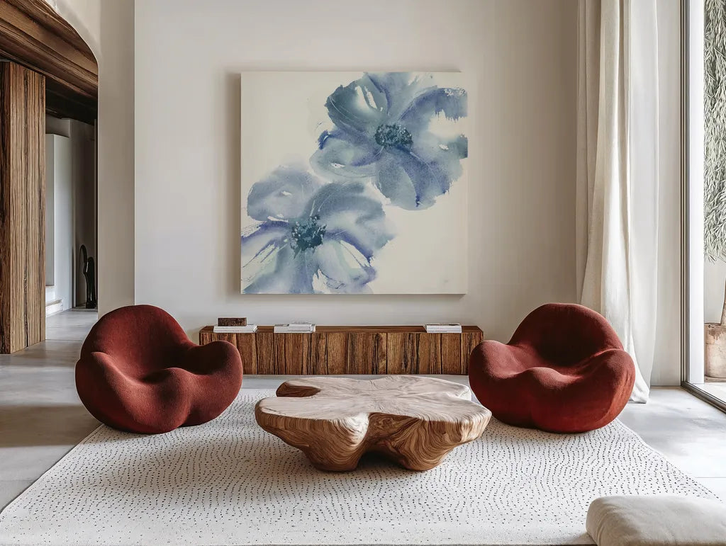 Indigo Mint II by Chris Paschke. Shown as extra-large giant wall art in a modern living room. Available as an archival giclee rolled canvas, fine art paper, or poster print. SKU 33999a.
