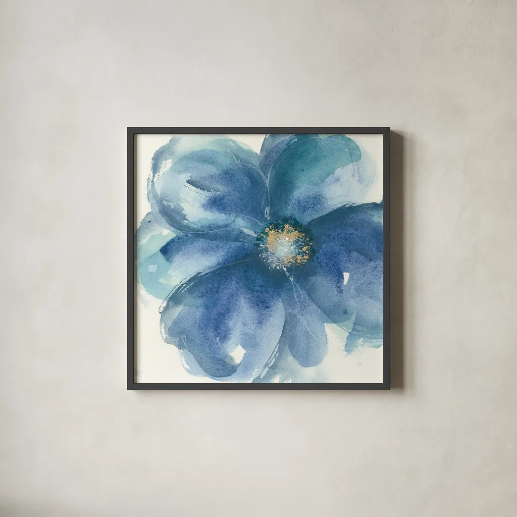 Indigo Mint III by Chris Paschke. Shown in a sleek black glass frame for a contemporary gallery look. Available as an archival giclee rolled canvas, fine art paper, or poster print. SKU 34000a.