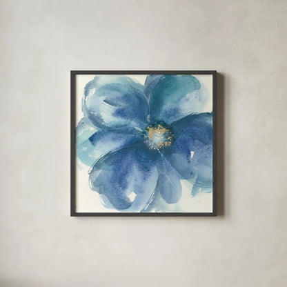Indigo Mint III by Chris Paschke. Shown in a sleek black glass frame for a contemporary gallery look. Available as an archival giclee rolled canvas, fine art paper, or poster print. SKU 34000a.