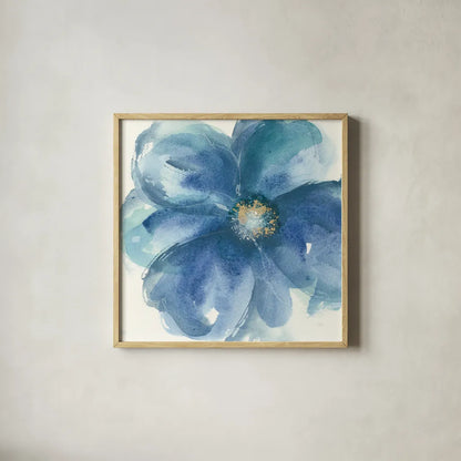 Indigo Mint III by Chris Paschke. Shown in a natural wood glass frame for a timeless modern aesthetic. Available as an archival giclee rolled canvas, fine art paper, or poster print. SKU 34000a.