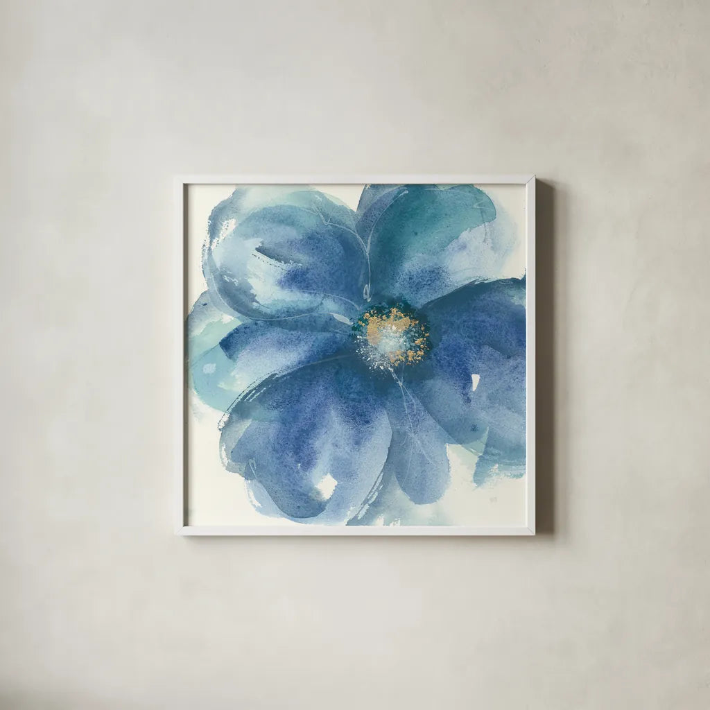 Indigo Mint III by Chris Paschke. Shown in a crisp white glass frame for a clean and minimalist style. Available as an archival giclee rolled canvas, fine art paper, or poster print. SKU 34000a.