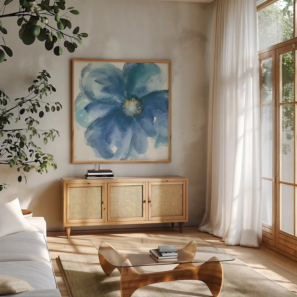 Indigo Mint III by Chris Paschke. Shown in a natural wood frame in a cozy modern living room. Available as an archival giclee rolled canvas, fine art paper, or poster print. SKU 34000a.