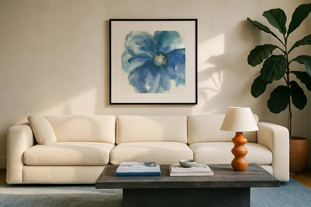 Indigo Mint III by Chris Paschke. Displayed in a glass frame with matte in a clean modern living room. Available as an archival giclee rolled canvas, fine art paper, or poster print. SKU 34000a.