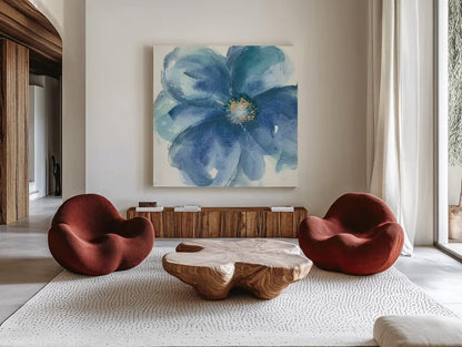 Indigo Mint III by Chris Paschke. Shown as extra-large giant wall art in a modern living room. Available as an archival giclee rolled canvas, fine art paper, or poster print. SKU 34000a.