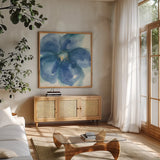 Indigo Mint IV by Chris Paschke. Shown in a natural wood frame in a cozy modern living room. Available as an archival giclee rolled canvas, fine art paper, or poster print. SKU 34001a.