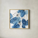 Indigo Neutrals I by Chris Paschke. Shown in a natural wood glass frame for a timeless modern aesthetic. Available as an archival giclee rolled canvas, fine art paper, or poster print. SKU 70651a.