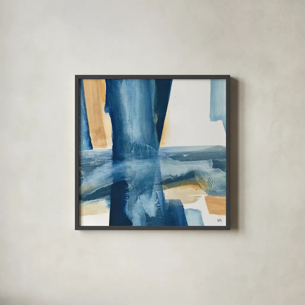 Indigo V by Chris Paschke. Shown in a sleek black glass frame for a contemporary gallery look. Available as an archival giclee rolled canvas, fine art paper, or poster print. SKU 15137a.
