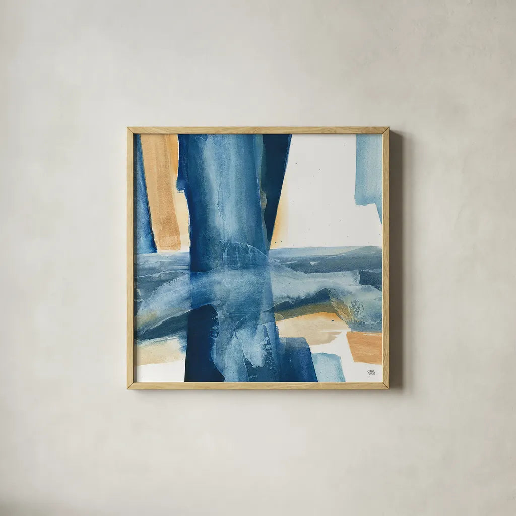 Indigo V by Chris Paschke. Shown in a natural wood glass frame for a timeless modern aesthetic. Available as an archival giclee rolled canvas, fine art paper, or poster print. SKU 15137a.