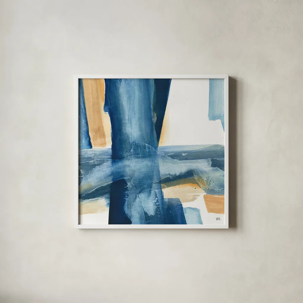 Indigo V by Chris Paschke. Shown in a crisp white glass frame for a clean and minimalist style. Available as an archival giclee rolled canvas, fine art paper, or poster print. SKU 15137a.