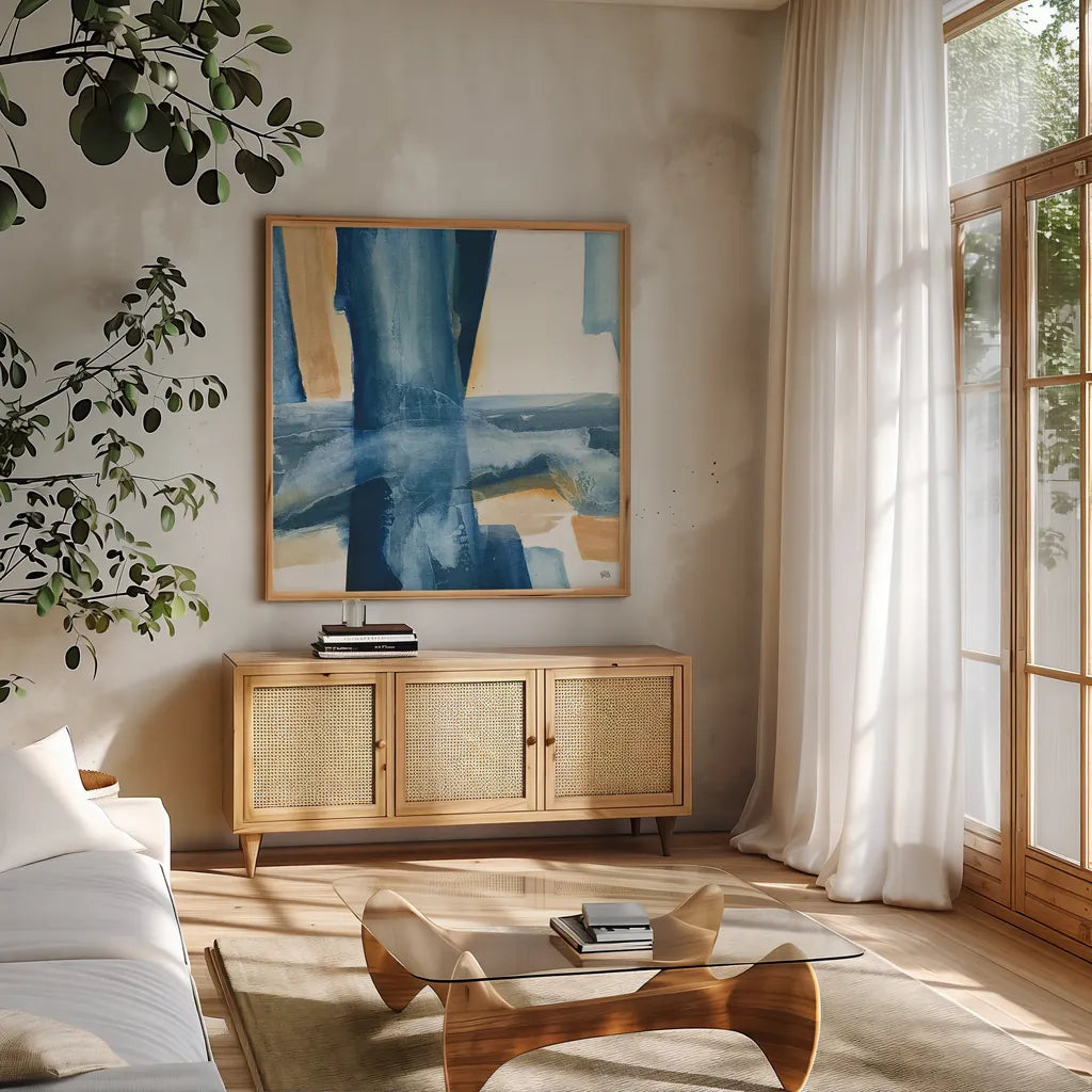 Indigo V by Chris Paschke. Shown in a natural wood frame in a cozy modern living room. Available as an archival giclee rolled canvas, fine art paper, or poster print. SKU 15137a.