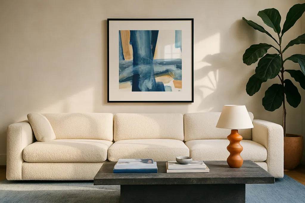 Indigo V by Chris Paschke. Displayed in a glass frame with matte in a clean modern living room. Available as an archival giclee rolled canvas, fine art paper, or poster print. SKU 15137a.