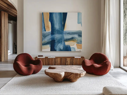 Indigo V by Chris Paschke. Shown as extra-large giant wall art in a modern living room. Available as an archival giclee rolled canvas, fine art paper, or poster print. SKU 15137a.