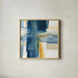 Indigo VI by Chris Paschke. Shown in a natural wood glass frame for a timeless modern aesthetic. Available as an archival giclee rolled canvas, fine art paper, or poster print. SKU 15138a.
