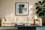 Indigo VI by Chris Paschke. Displayed in a glass frame with matte in a clean modern living room. Available as an archival giclee rolled canvas, fine art paper, or poster print. SKU 15138a.