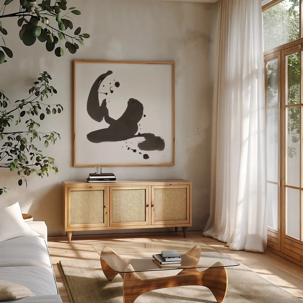 Ink Drops I by Chris Paschke. Shown in a natural wood frame in a cozy modern living room. Available as an archival giclee rolled canvas, fine art paper, or poster print. SKU 66207a.